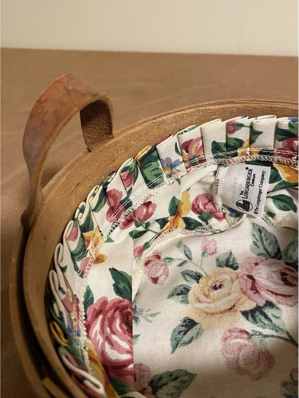 Vintage Longaberger 1988 Round Basket Floral Liner Roses W/Leather Handles